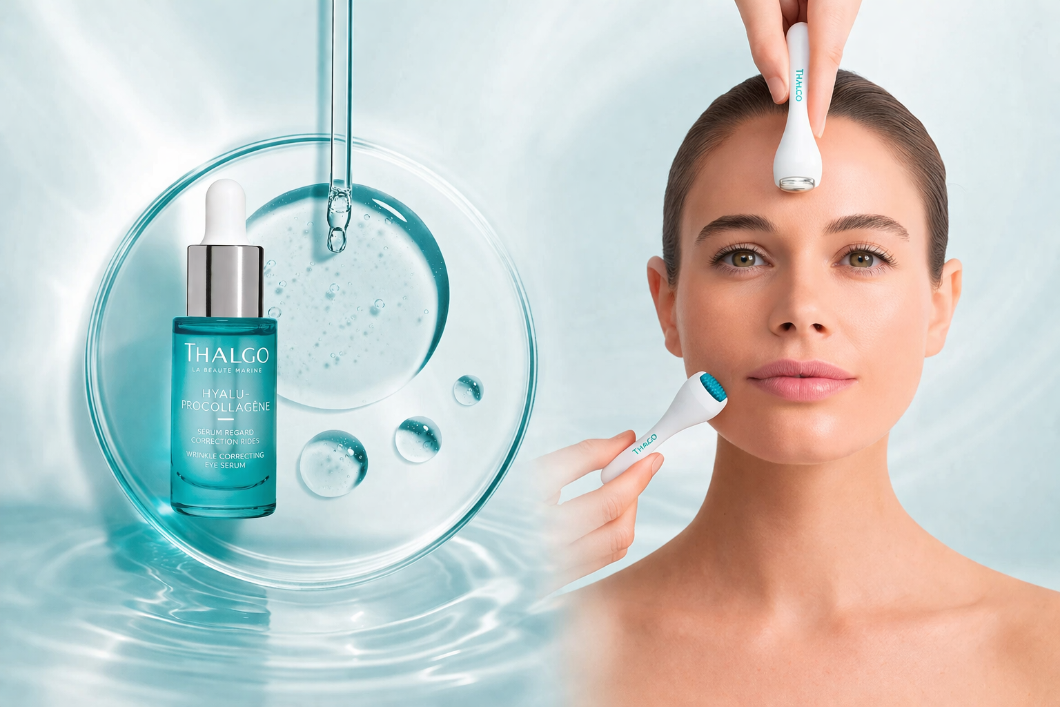THALGO marine-inspired skincare product displayed alongside a woman receiving a facial treatment, highlighting luxury skincare and hydration.