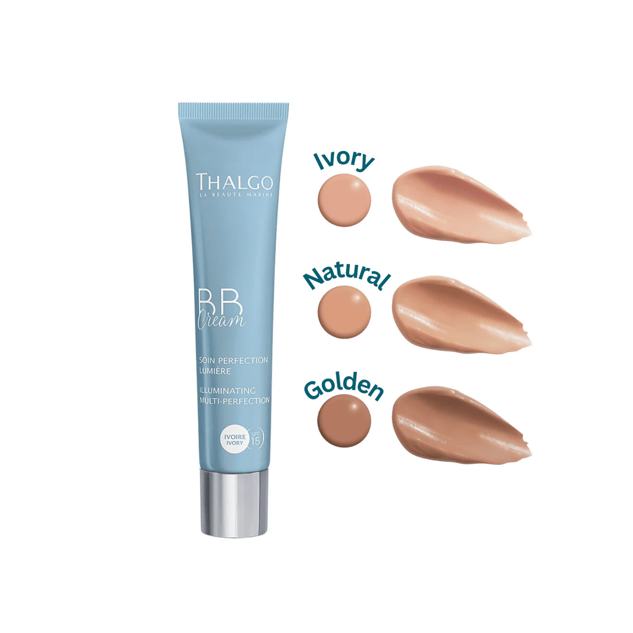 Thalgo BB Cream tube with color swatches on a white background, Ivory, Golden or Natural