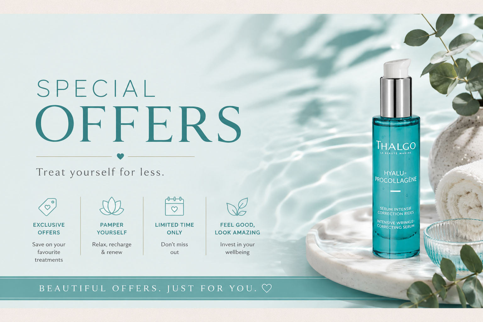 Special offers banner featuring Thalgo skincare, luxury beauty treatments and spa-inspired styling at Pure Beauty Retreat.