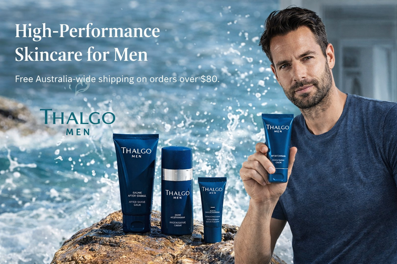 Man holding Thalgo Men skincare product with ocean background