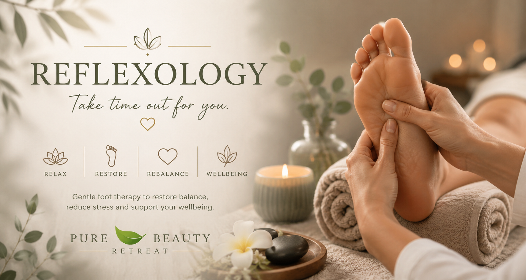 Relaxing reflexology treatment at Pure Beauty Retreat featuring a calming foot massage in a tranquil spa setting
