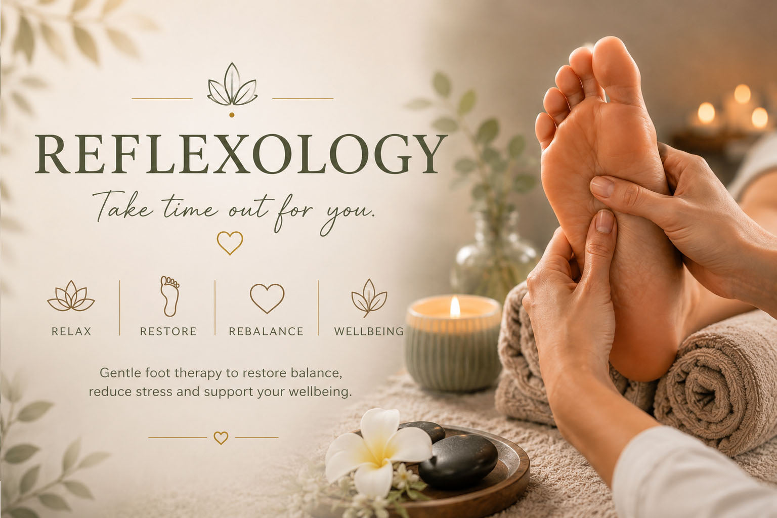 Reflexology banner featuring a relaxing foot massage in a luxury spa setting with soft neutral tones, candles, towels and wellness icons, promoting reflexology treatments at Pure Beauty Retreat.